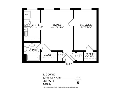 A floor plan of an apartment with a kitchen, living room, and two closets.